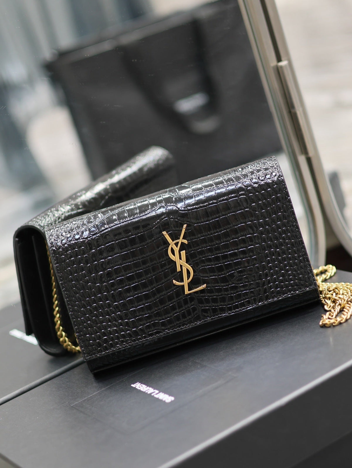 YSL Kate Croc Embossed Black Gold Hardware Shoulder Bag