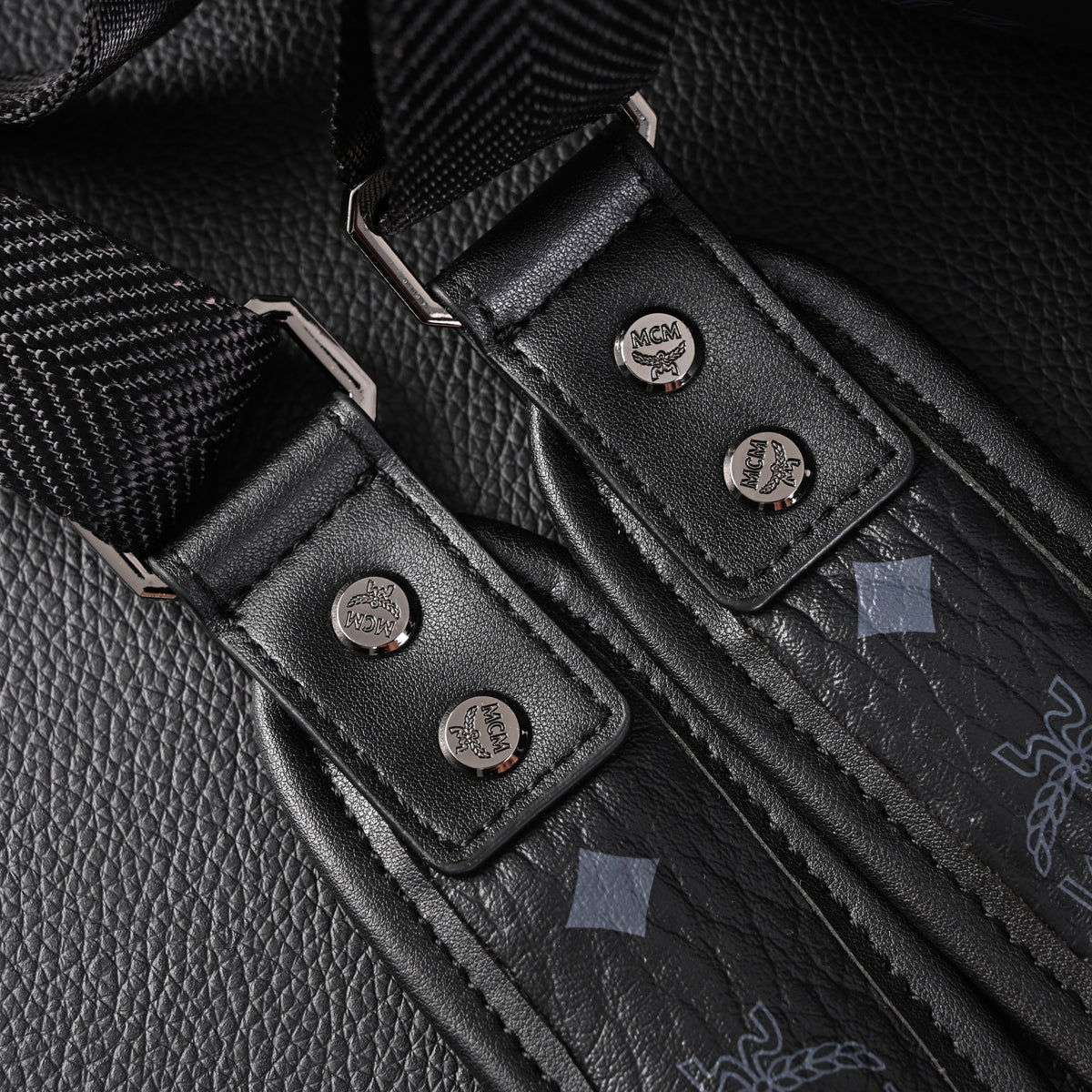 Mcm Stark Visetos Medium Backpack – Black Monogram with Studded Detailing - Black Monogram Print