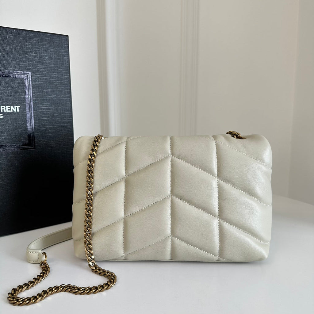 YSL Loulou Puffer Toy Quilted Lambskin Shoulder Crossbody Bag with Chain Strap White