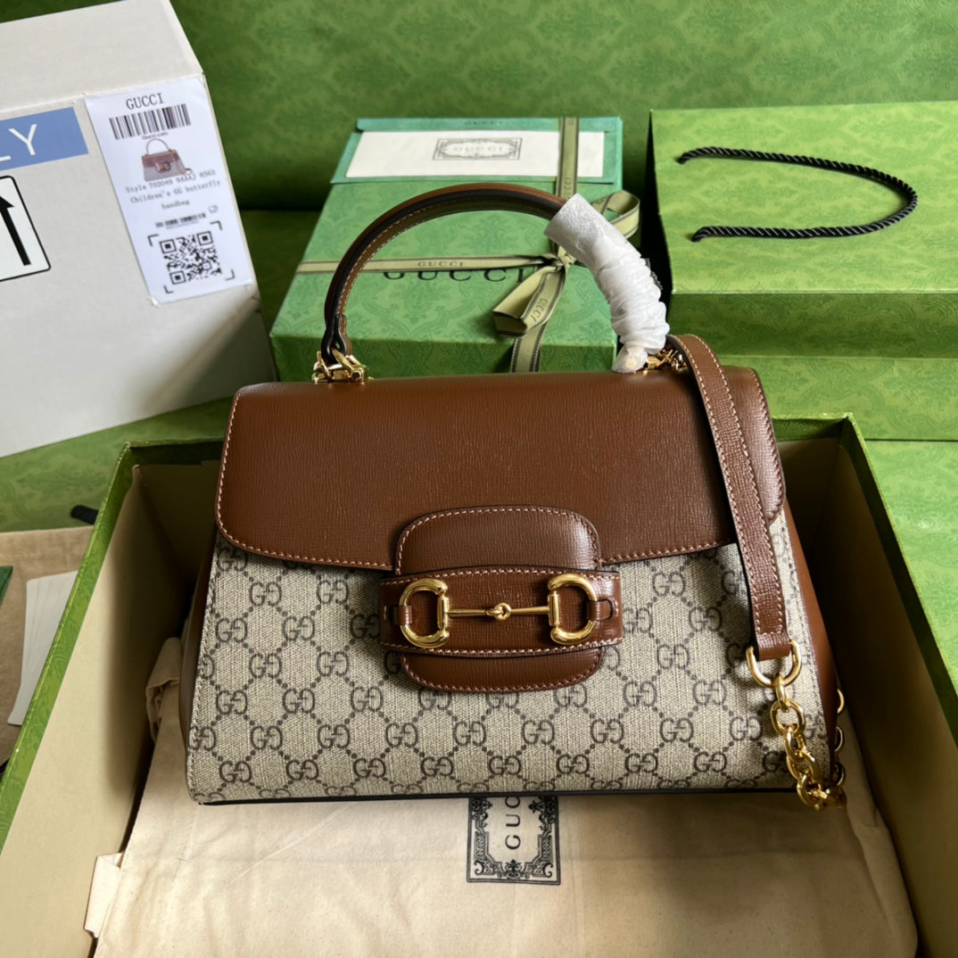 Gucci Horsebit 1955 Medium Ophidia and Brown Leather Handbag