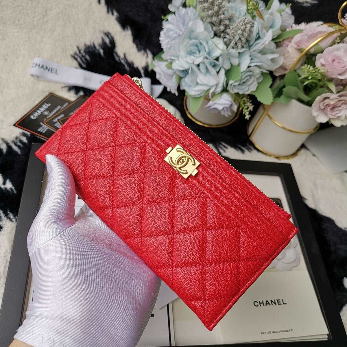 Chanel Caviar Quilted Zip Boy Pouch - Red