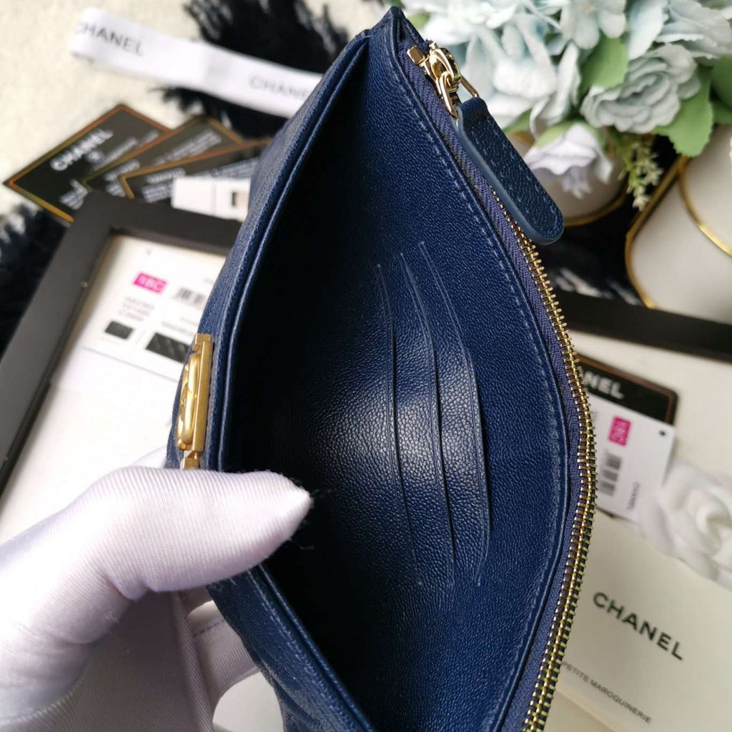 Chanel Caviar Quilted Classic Zip Boy Pouch - Navy