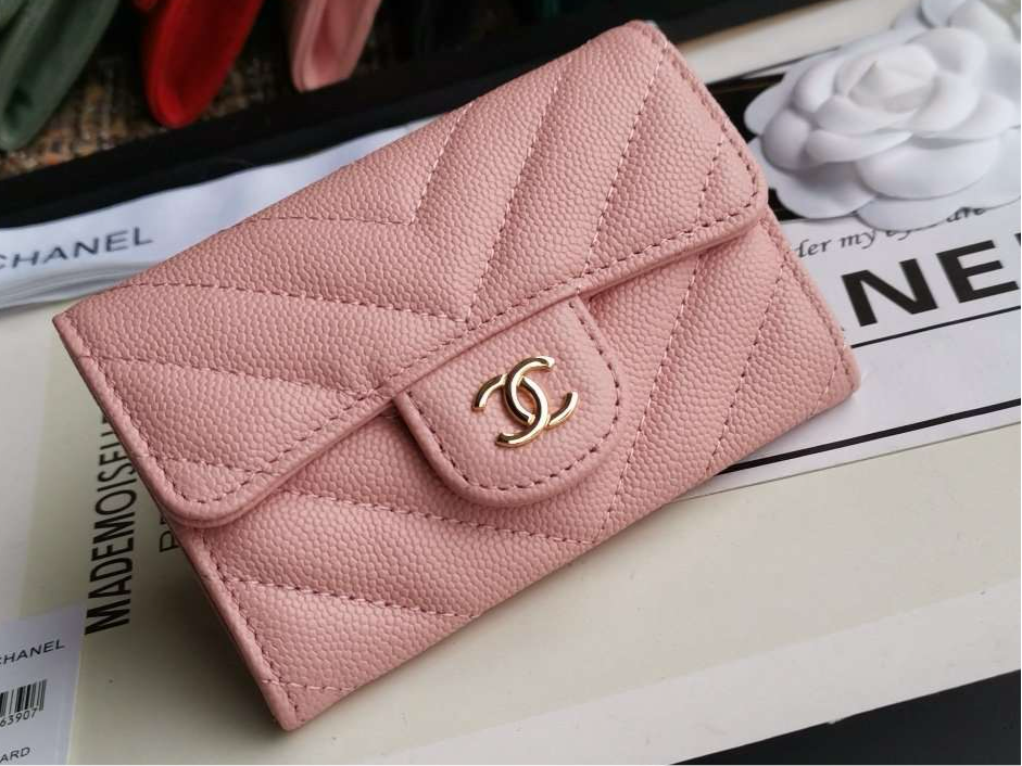 Chanel Caviar Chevron Quilted Compact Flap Wallet Pink - Matte Pink