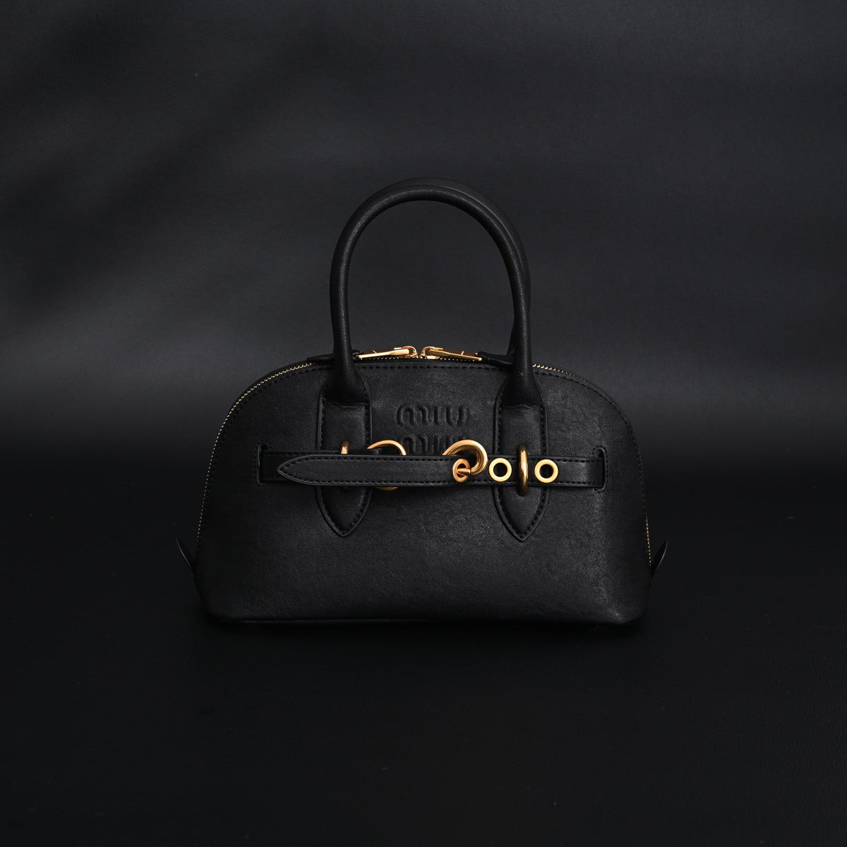 Miu Miu Black Leather Satchel Bag – Medium Structured Tote - Black with Gold-Tone Accents