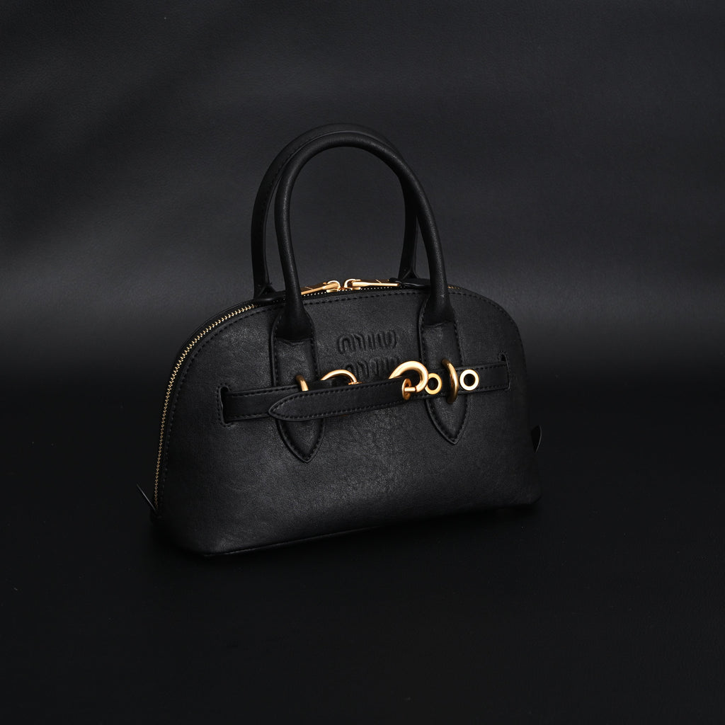 Miu Miu Black Leather Satchel Bag – Medium Structured Tote - Black with Gold-Tone Accents