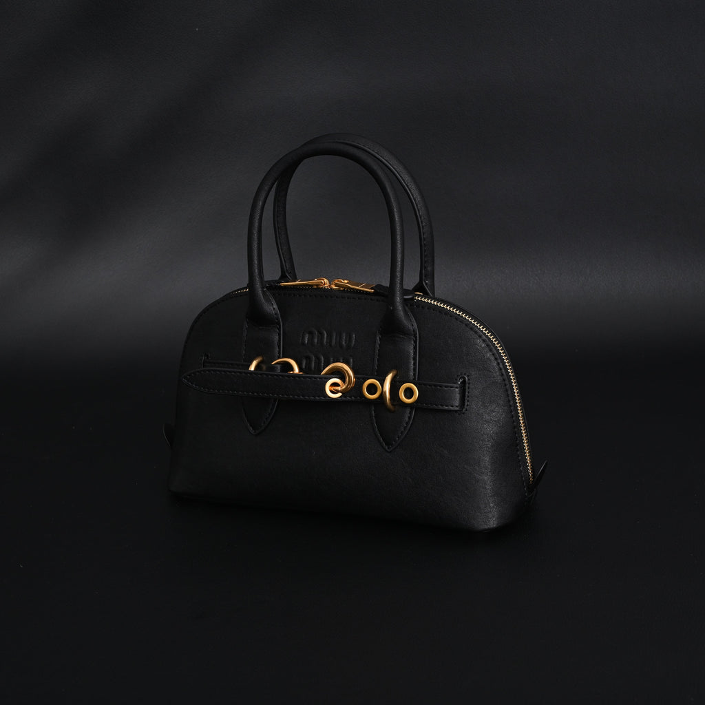 Miu Miu Black Leather Satchel Bag – Medium Structured Tote - Black with Gold-Tone Accents