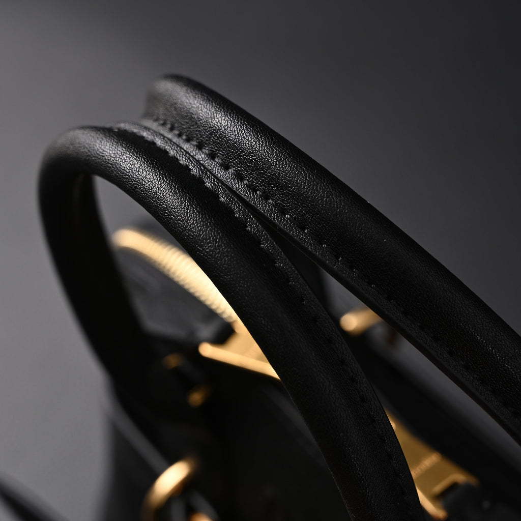Miu Miu Black Leather Satchel Bag – Medium Structured Tote - Black with Gold-Tone Accents