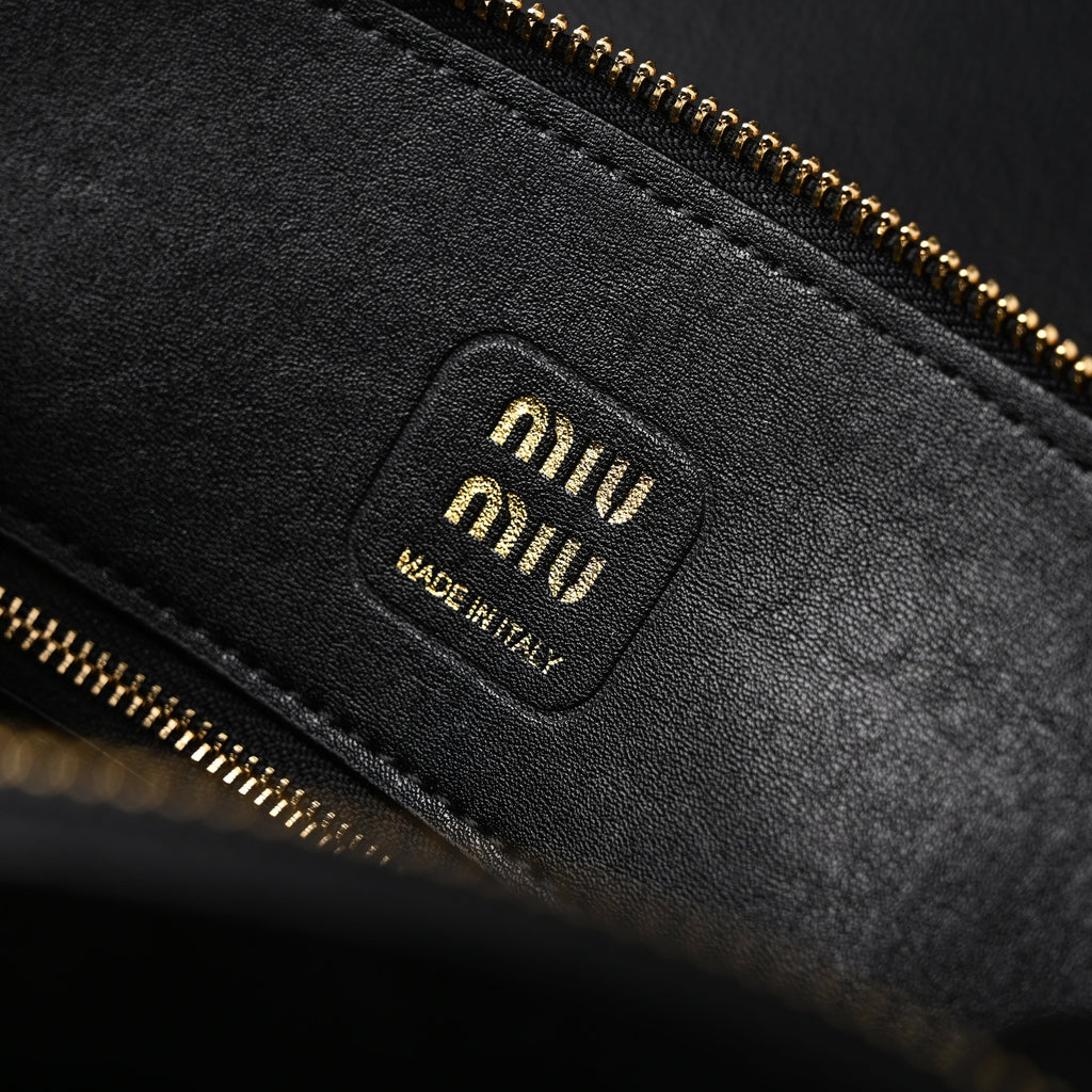Miu Miu Black Leather Satchel Bag – Medium Structured Tote - Black with Gold-Tone Accents