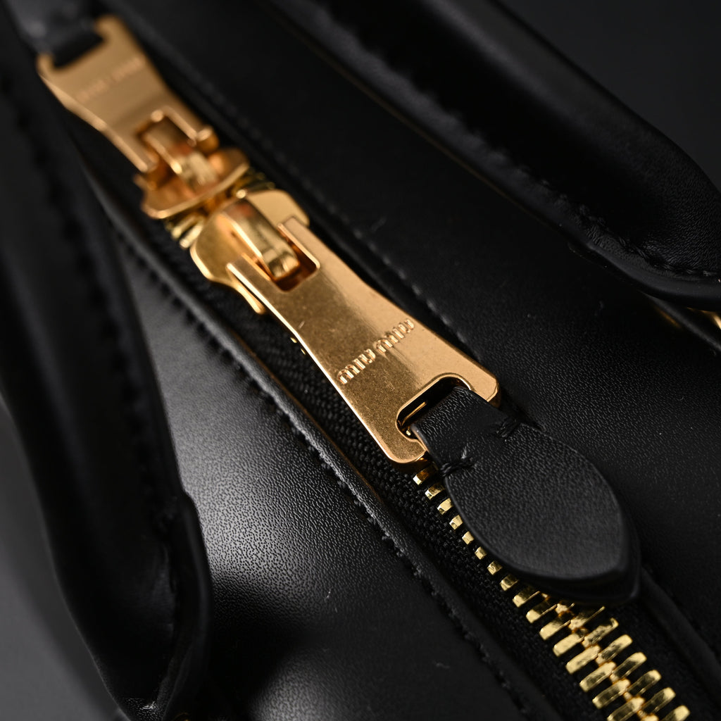 Miu Miu Black Matelassé Leather Satchel Bag – Mini Top Handle - Black with Gold-Tone Accents