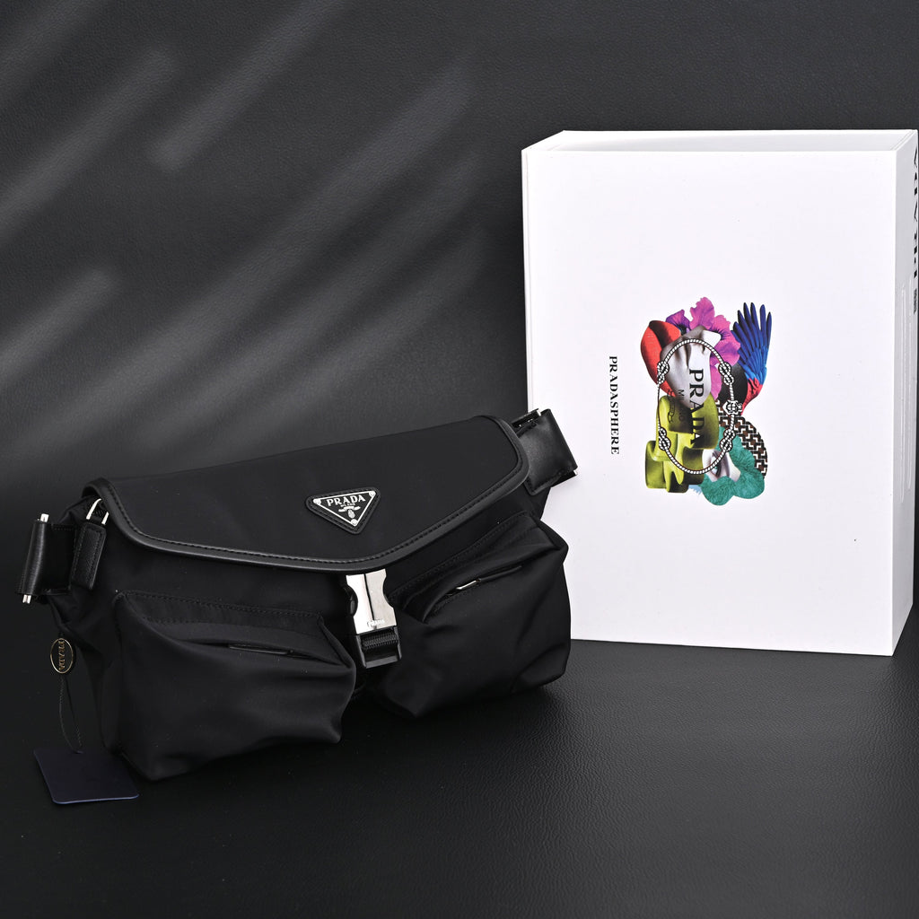 Prada Nylon Black Belt Bag with Silver Logo - Black with Silver-Tone Hardware