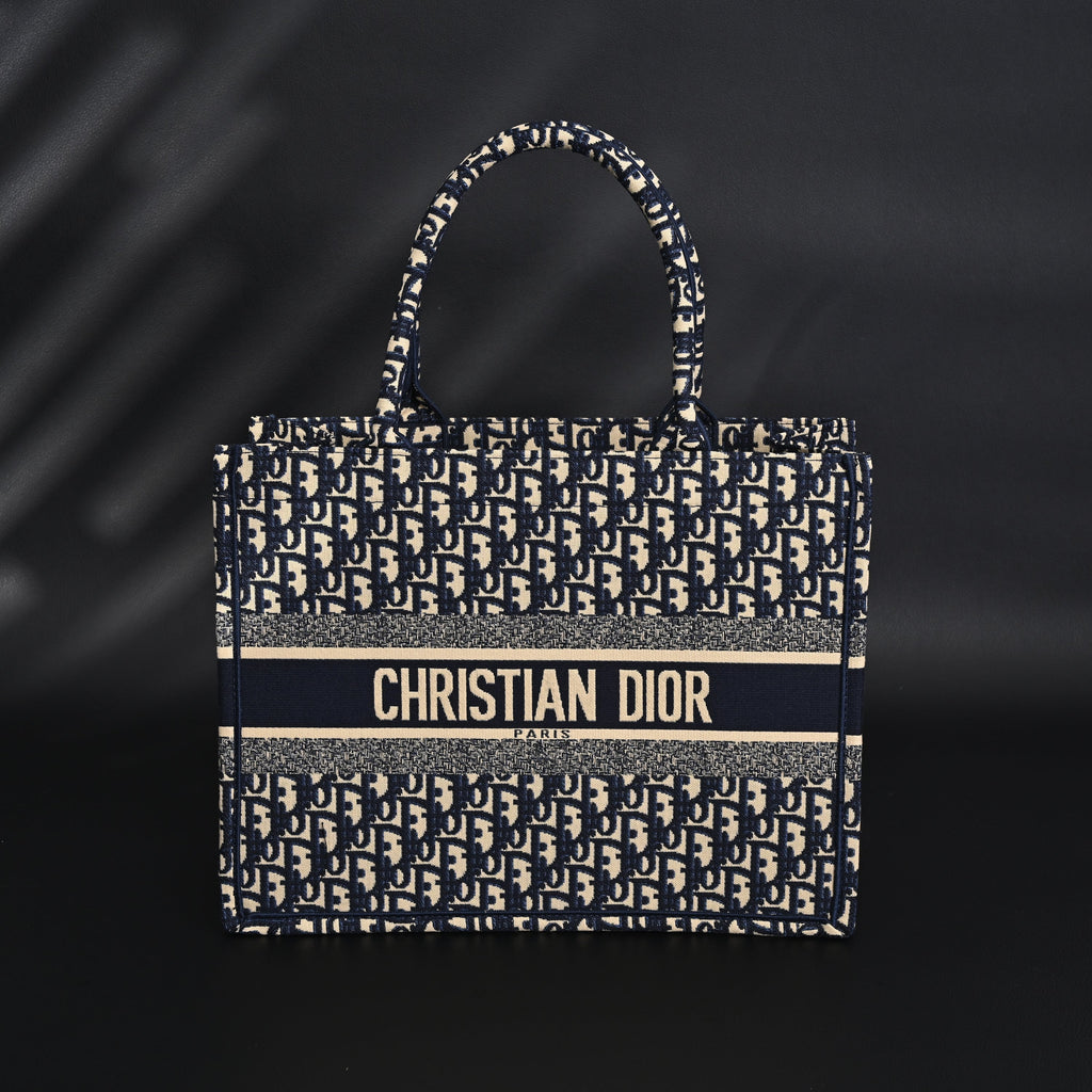 Christian Dior Large Book Tote – Blue Oblique Embroidery - Blue with Beige Contrast