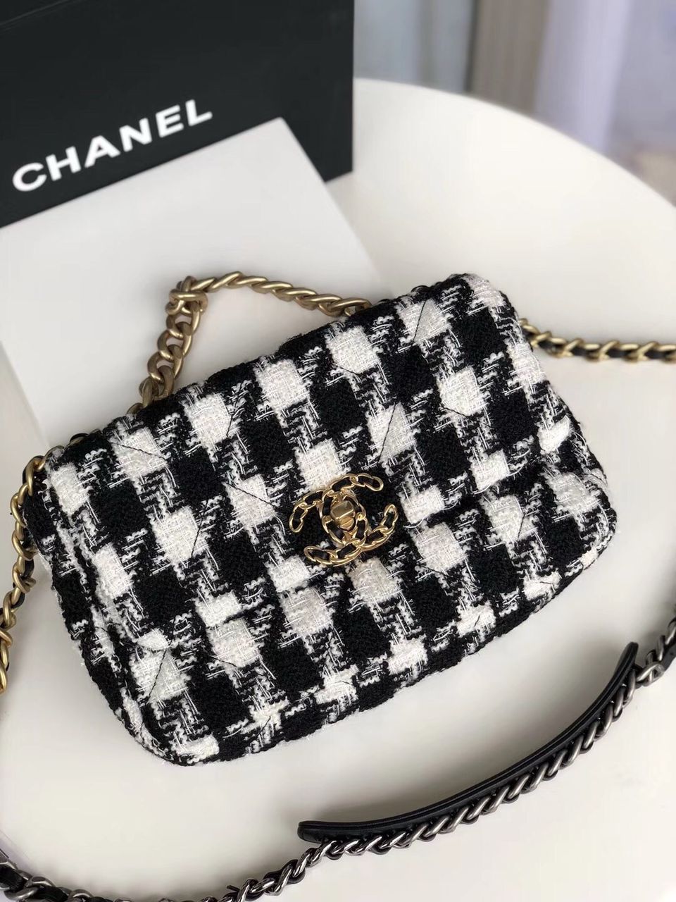 Chanel 19 Black and White Wool Tweed Small Flap Bag