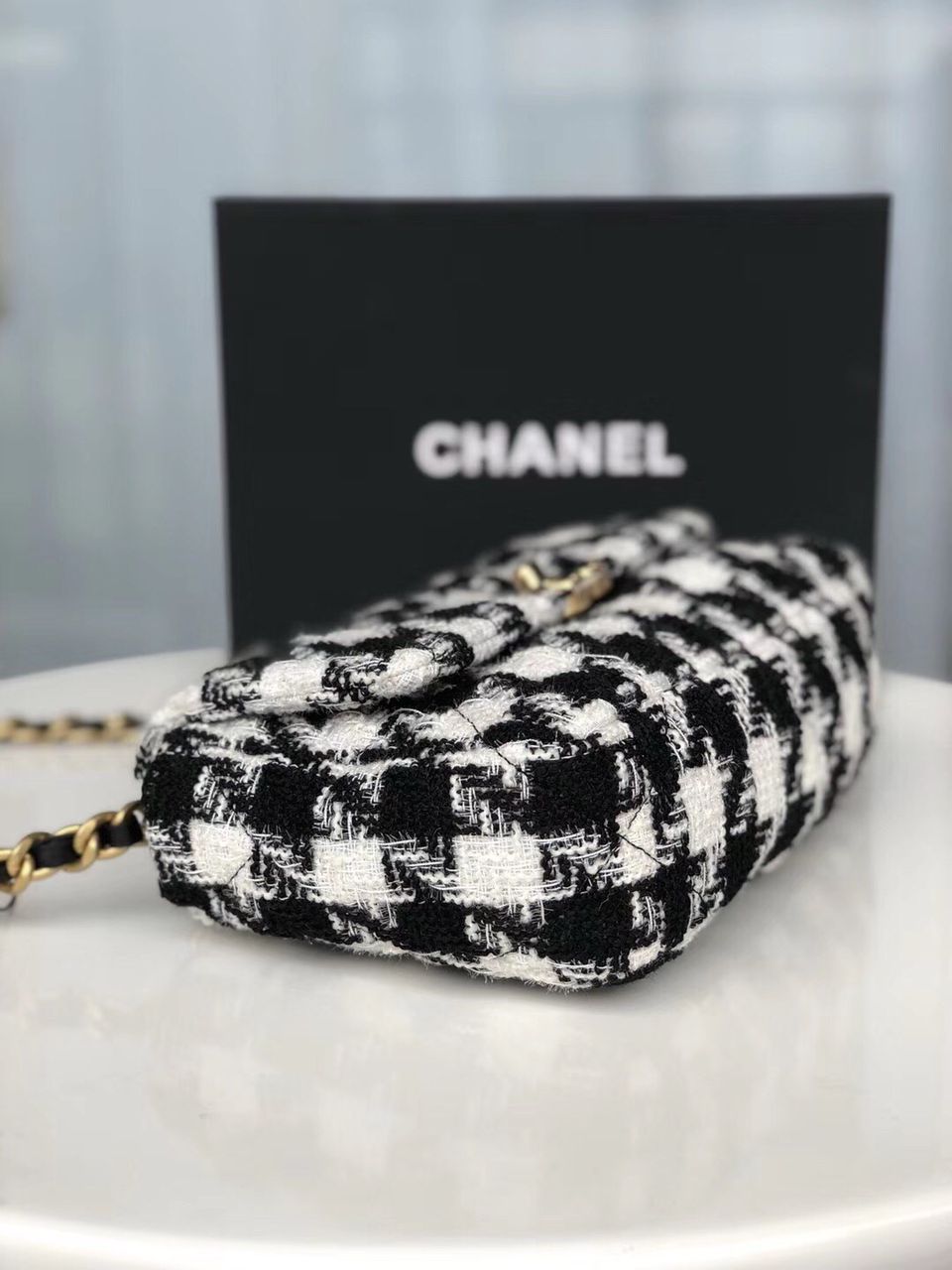 Chanel 19 Black and White Wool Tweed Small Flap Bag