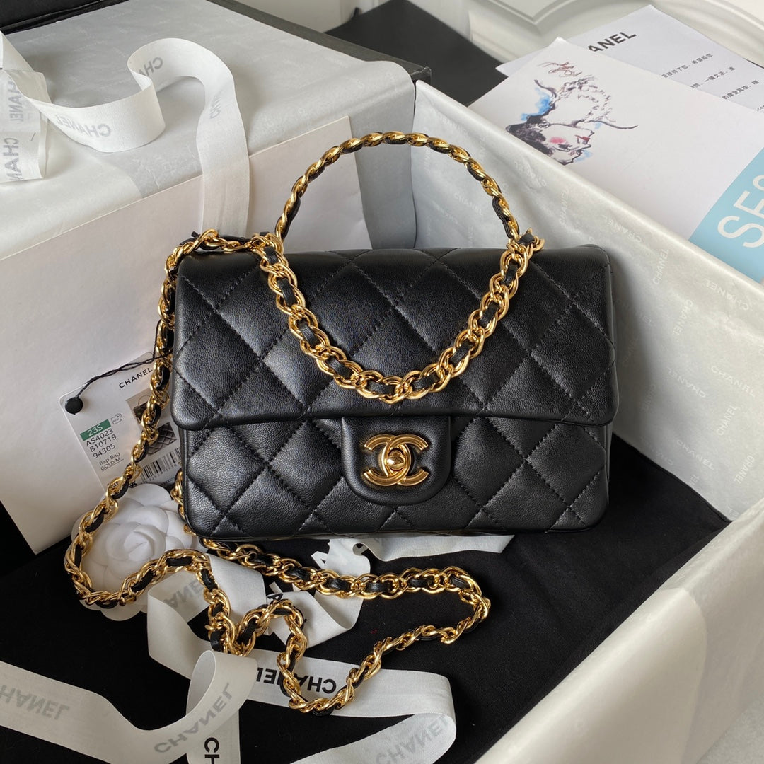 Chanel Flap Bag Gold Top Handle Black
