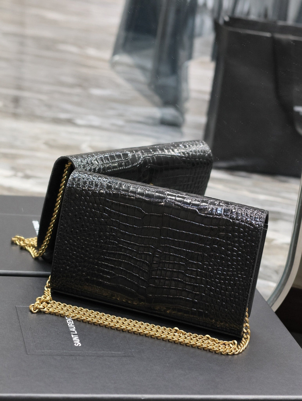 YSL Kate Croc Embossed Black Gold Hardware Shoulder Bag