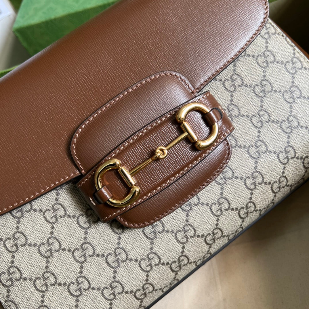 Gucci Horsebit 1955 Medium Ophidia and Brown Leather Handbag