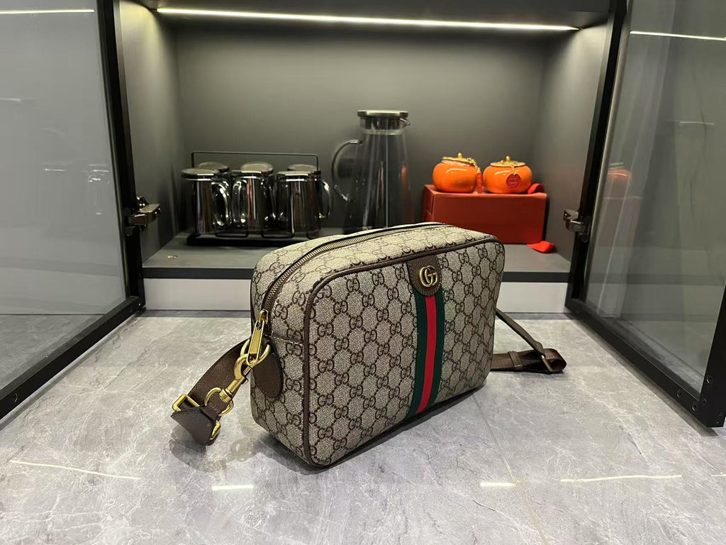 Gucci Ophidia Medium GG Supreme Canvas Shoulder Crossbody Bag with Web Stripe and Leather Trim