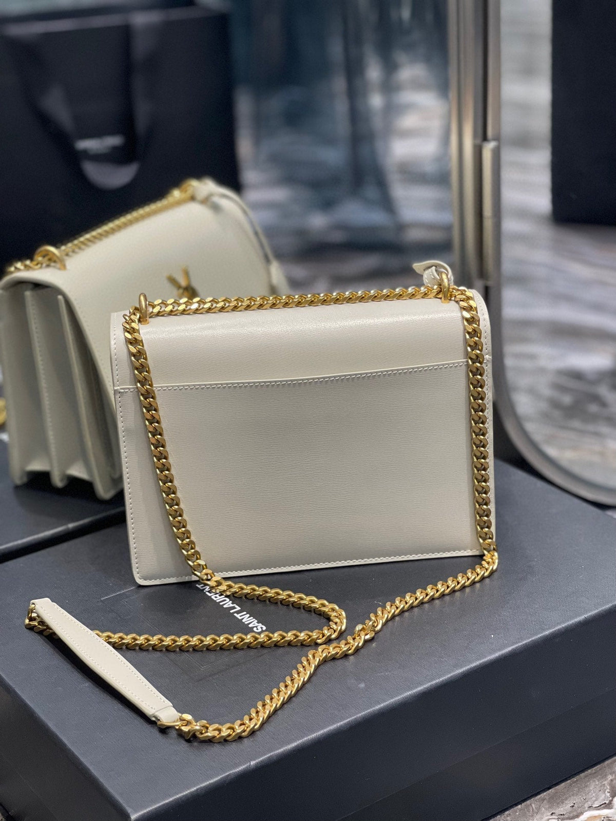 YSL Medium Sunset Bag 22 White Lambskin Gold Tone