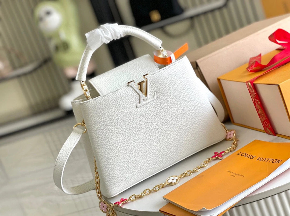 LV Capucines MM Taurillon Leather Handle Shoulder Bag with White Flower Strap