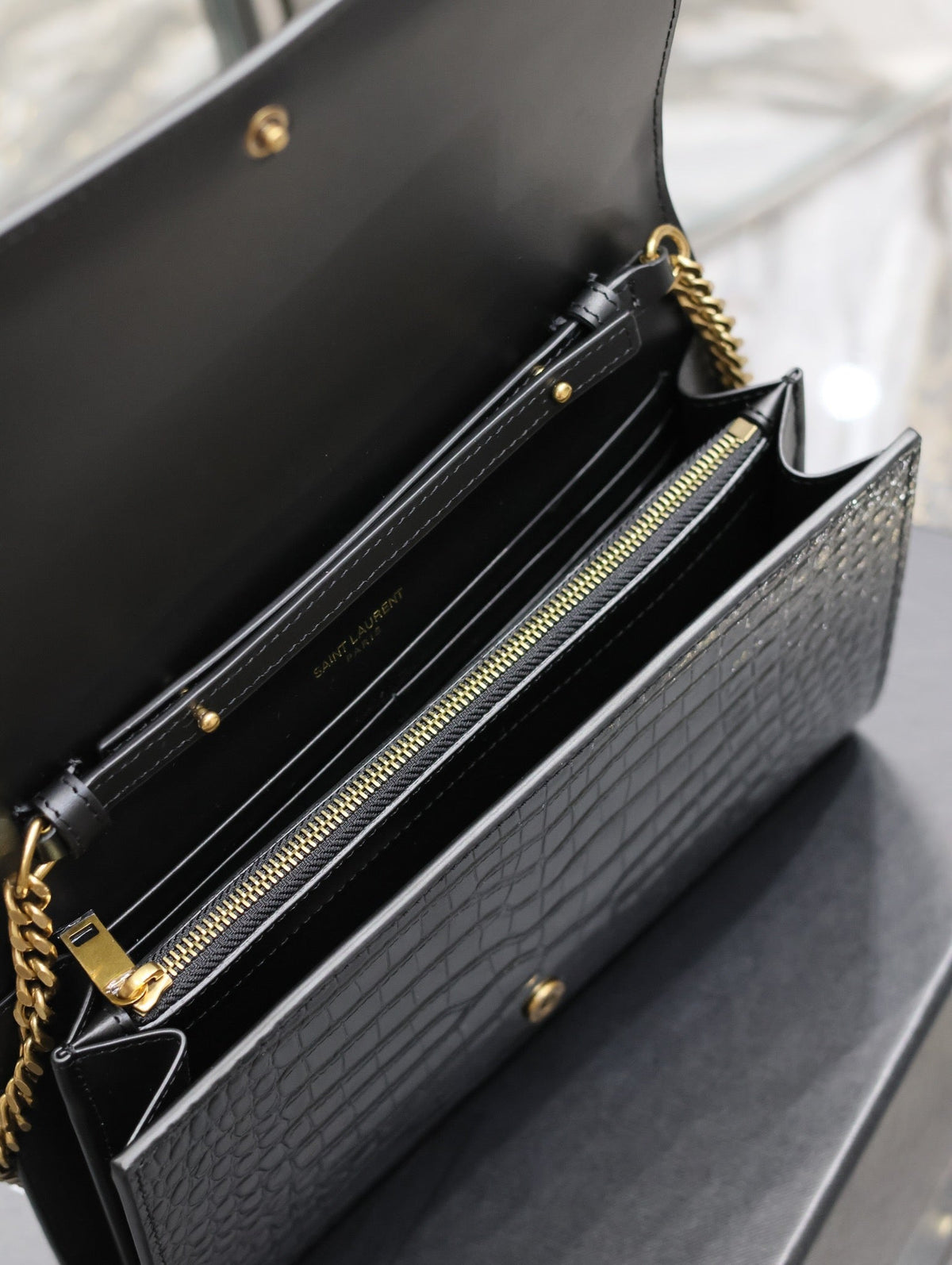 YSL Kate Croc Embossed Black Gold Hardware Shoulder Bag