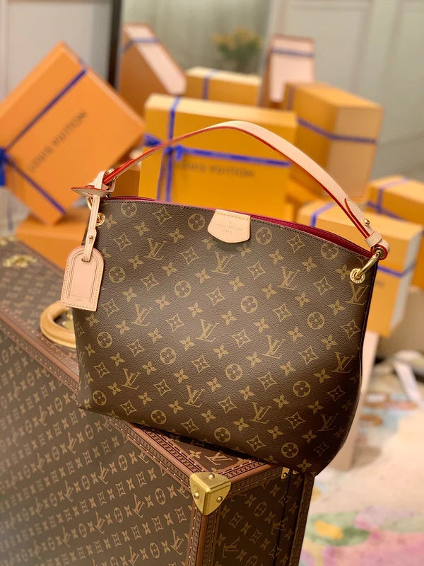 LV Delightful PM Monogram Canvas Tote Shoulder Bag with Leather Trim and Magnetic Closure - Khaki