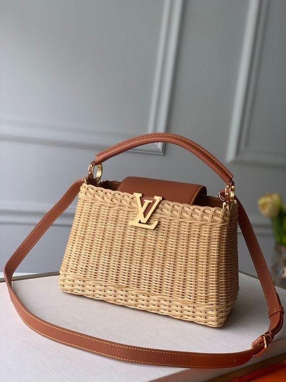 LV Capucines BB Rattan Woven Handle Shoulder Bag with Leather Trim