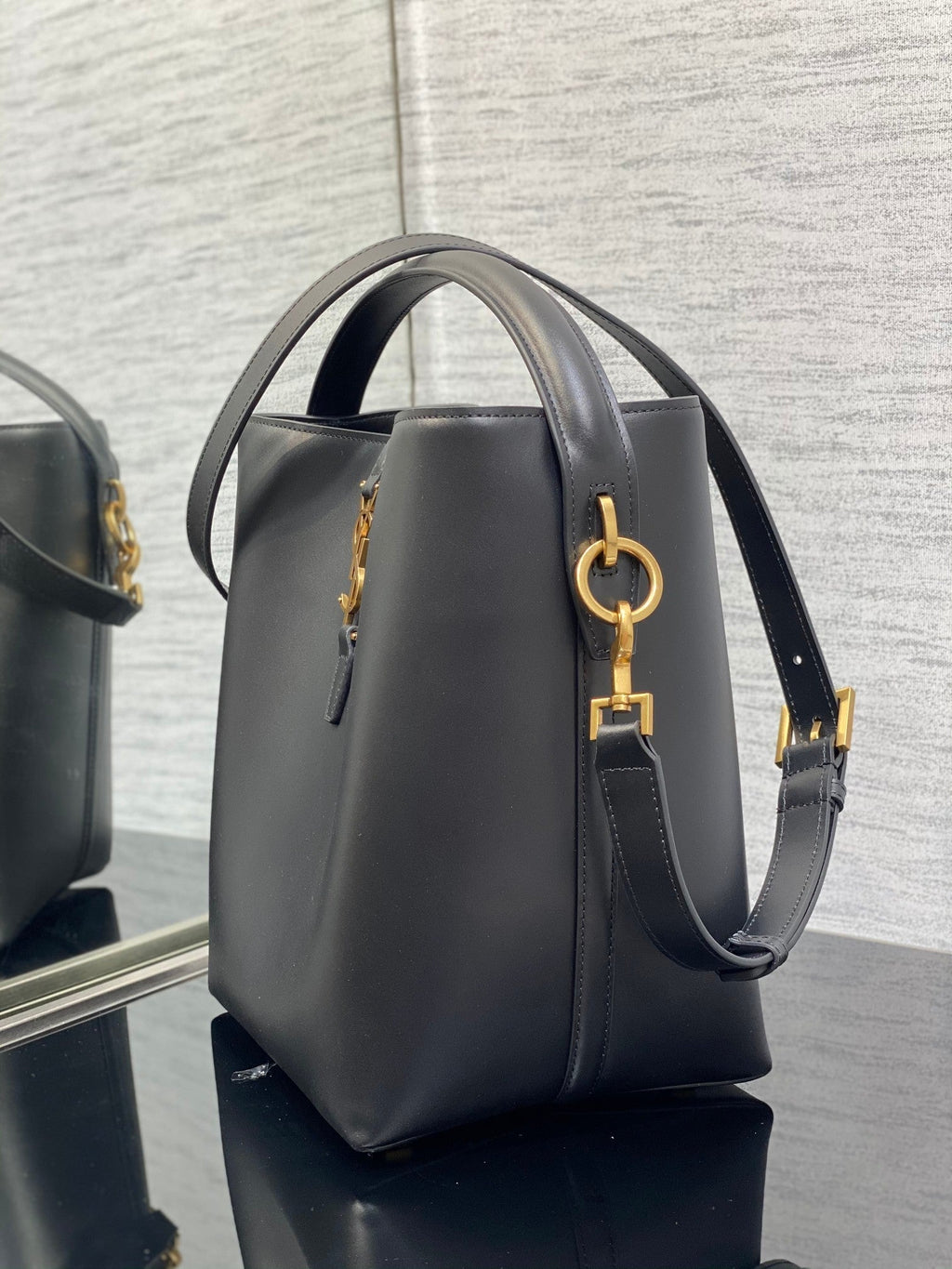 YSL Le 37 Black Shiny Leather Handle Shoulder Bag with YSL Charm and Adjustable Strap