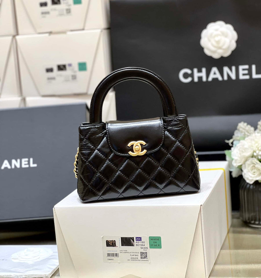 Chanel Kelly Mini Shopping Bag Mini 23K Shiny Aged Calfskin Black