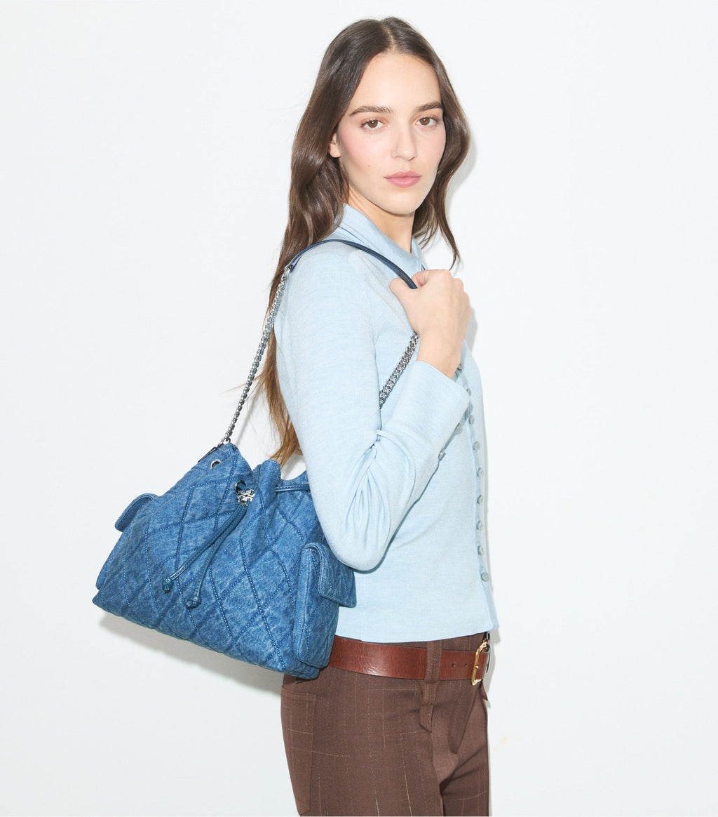 Tory Burch Charlie Quilted Denim Drawstring Shoulder Bag