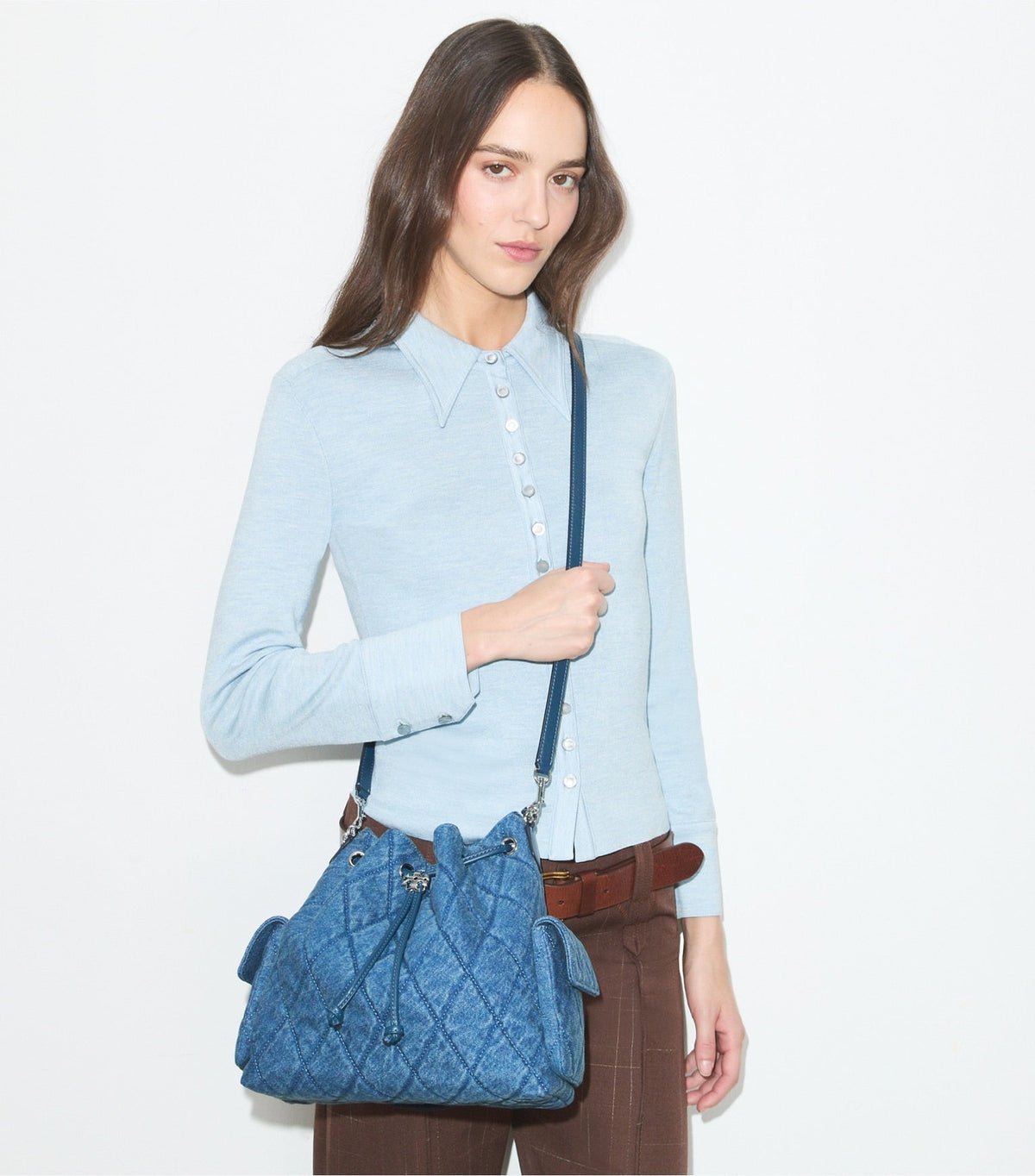 Tory Burch Charlie Quilted Denim Drawstring Shoulder Bag
