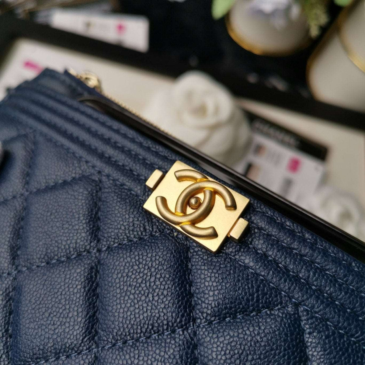 Chanel Caviar Quilted Classic Zip Boy Pouch - Navy