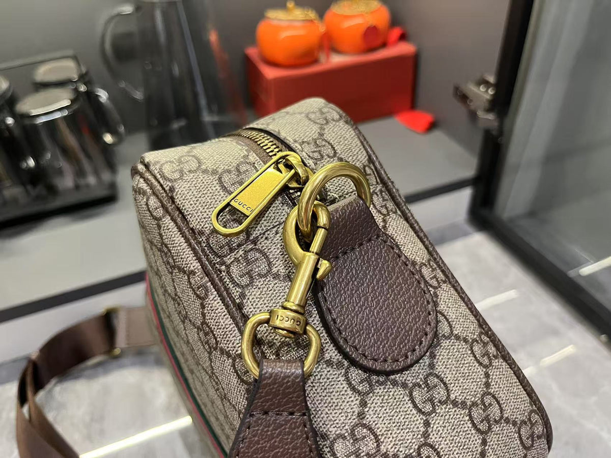 Gucci Ophidia Medium GG Supreme Canvas Shoulder Crossbody Bag with Web Stripe and Leather Trim