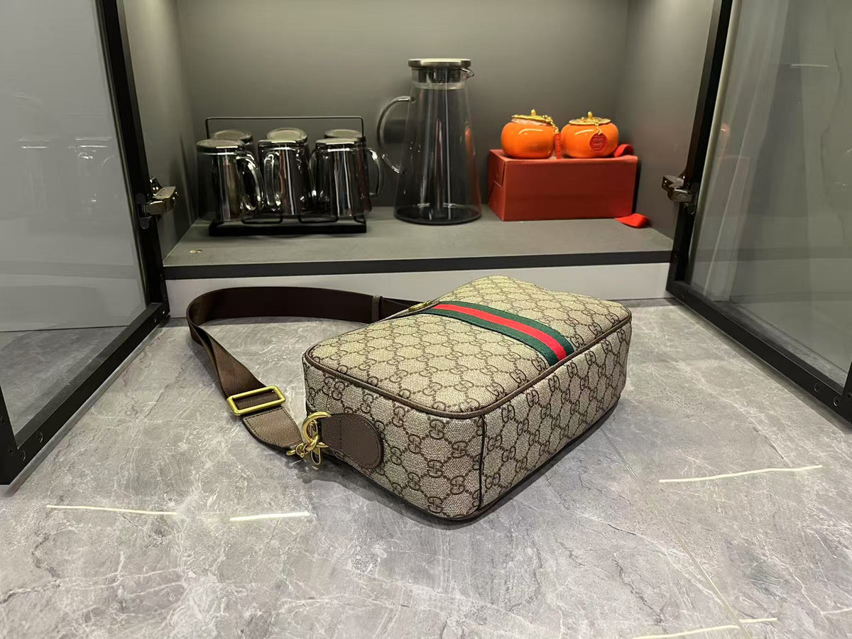 Gucci Ophidia Medium GG Supreme Canvas Shoulder Crossbody Bag with Web Stripe and Leather Trim