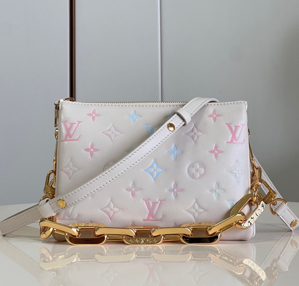 LV Coussin BB Monogram Canvas Shoulder Crossbody Bag with Chain Strap and Milkway Pastel Colors - White