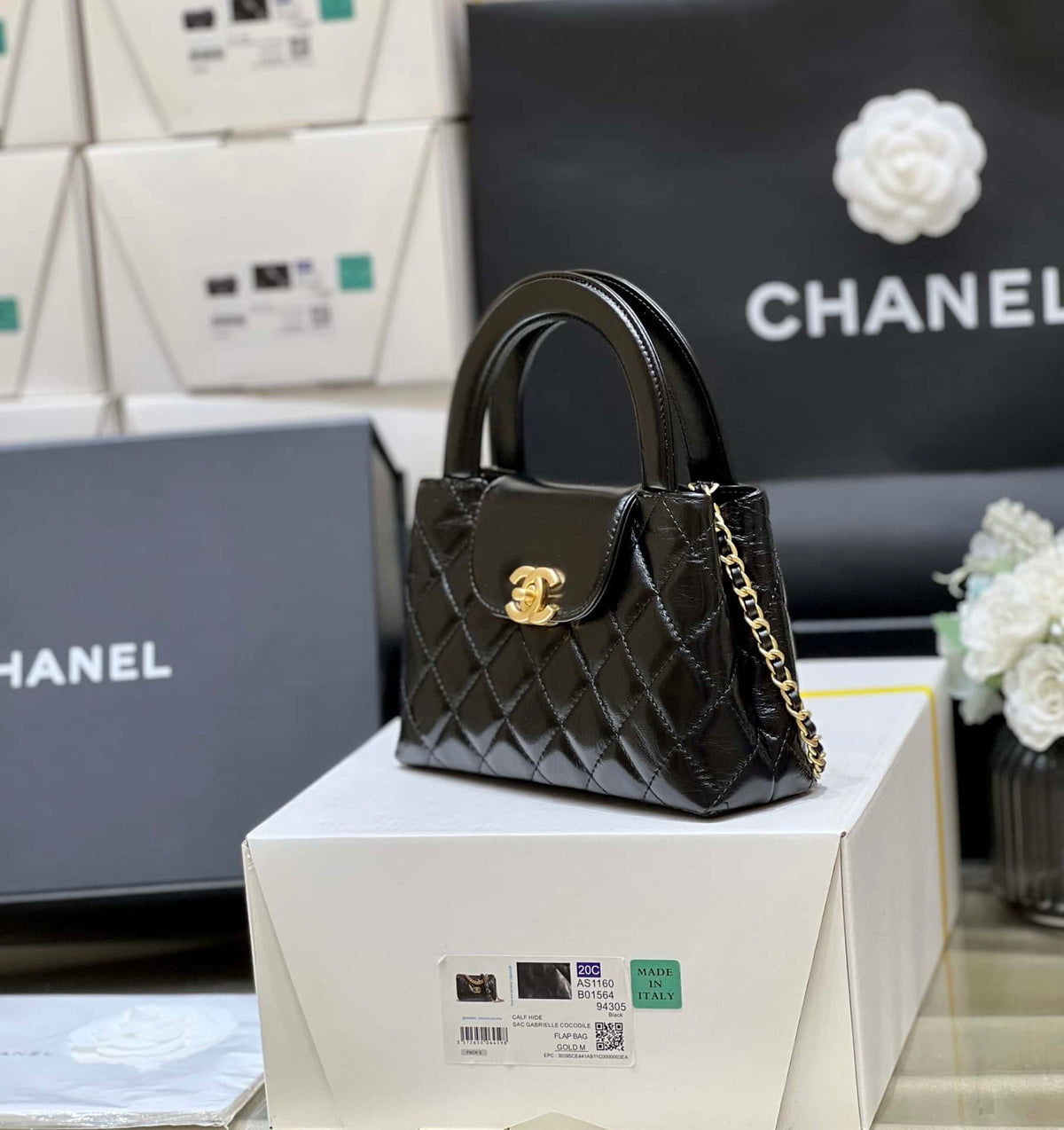 Chanel Kelly Mini Shopping Bag Mini 23K Shiny Aged Calfskin Black