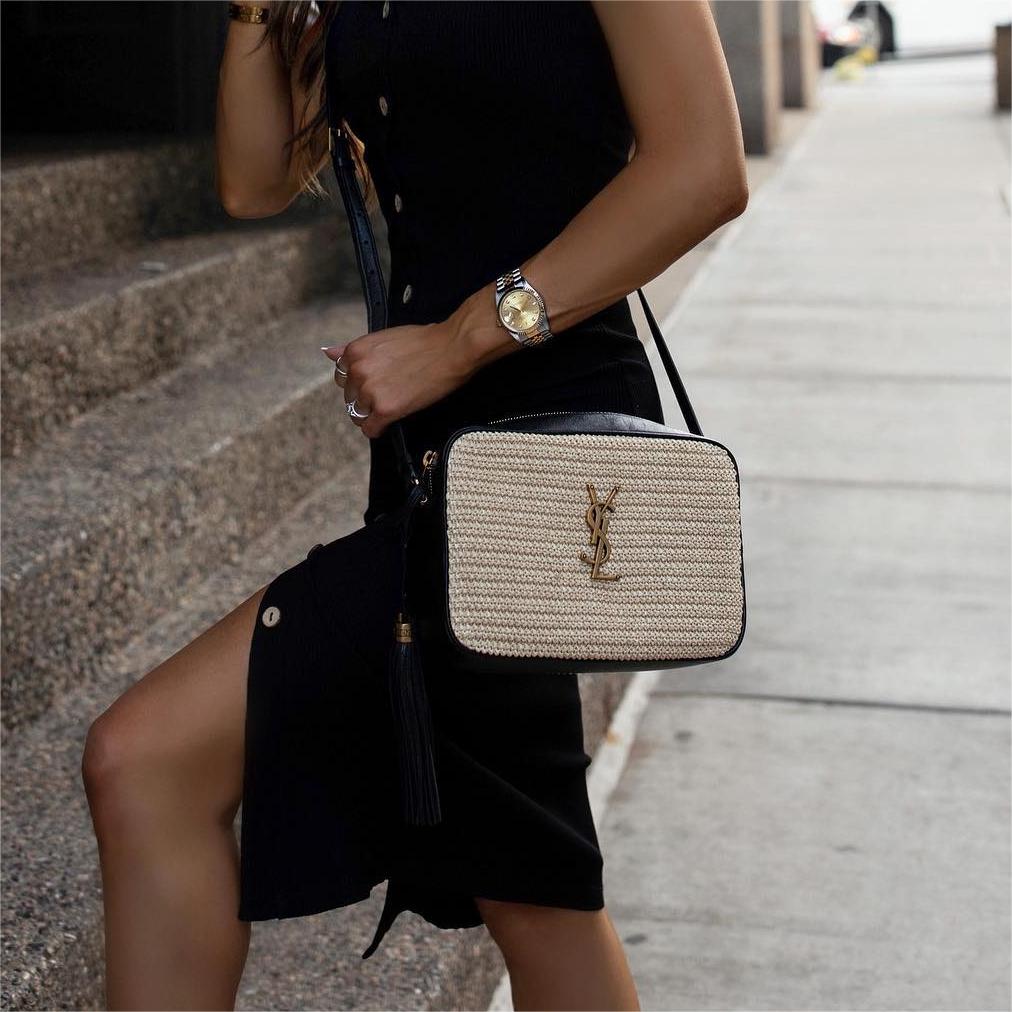 Saint Laurent Lou Medium YSL Monogram Raffia Camera Bag - Straw