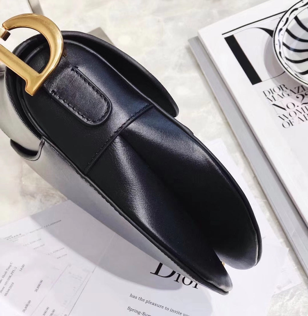 Dior Vintage Black Leather Saddle Bag with Gold Ornaments