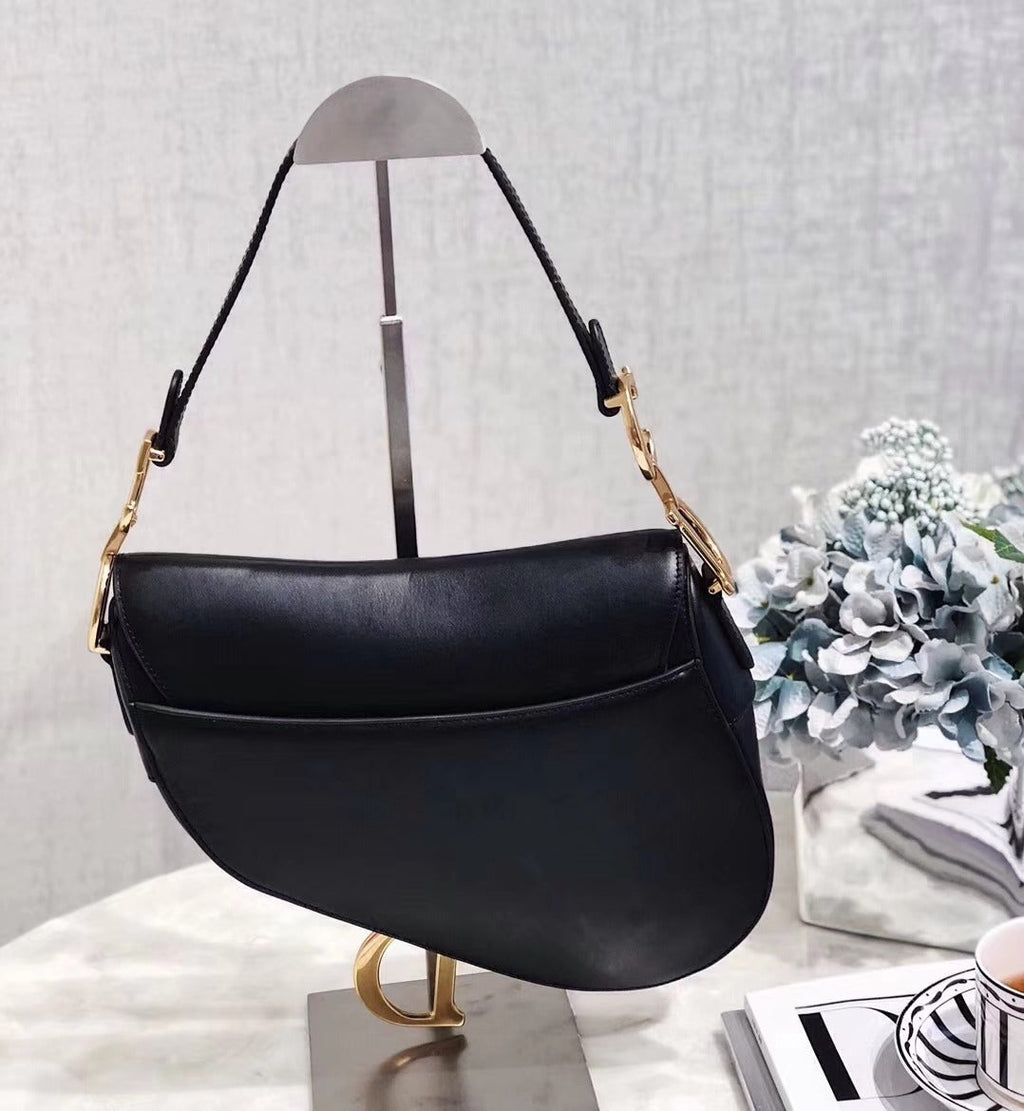 Dior Vintage Black Leather Saddle Bag with Gold Ornaments