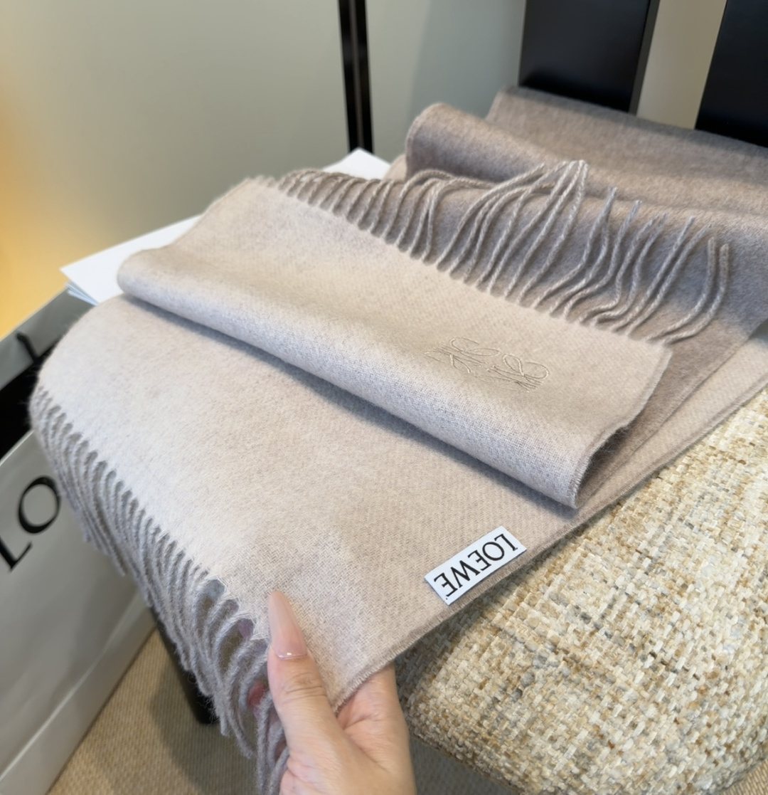 Loewe Taupe Gray and Light Beige Fringed Scarf — side