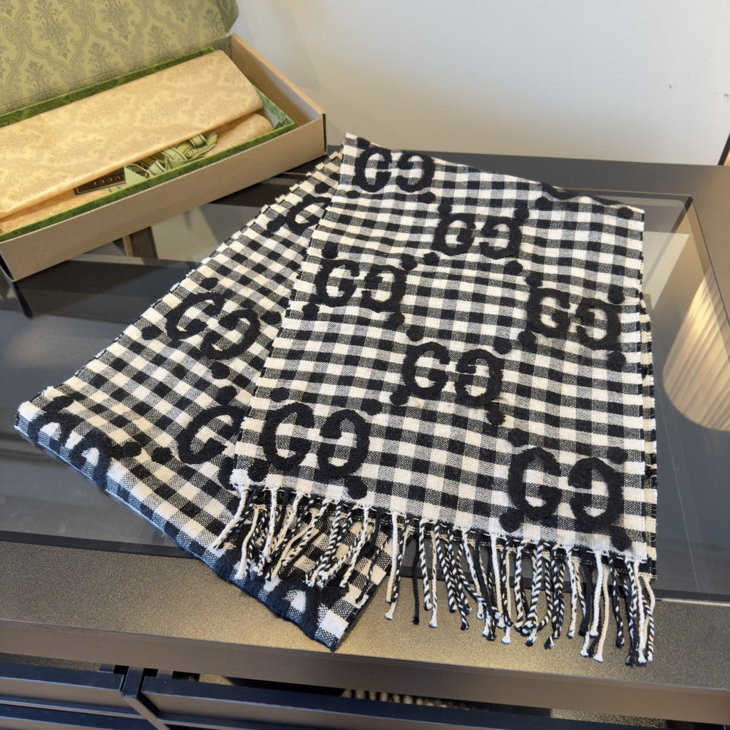 Gucci Black and White Checked Fringed Scarf — front